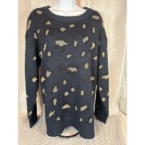 Kendall + Kyle Navy Blue Leopard Print Knit Sweater XL Gold Sparkle